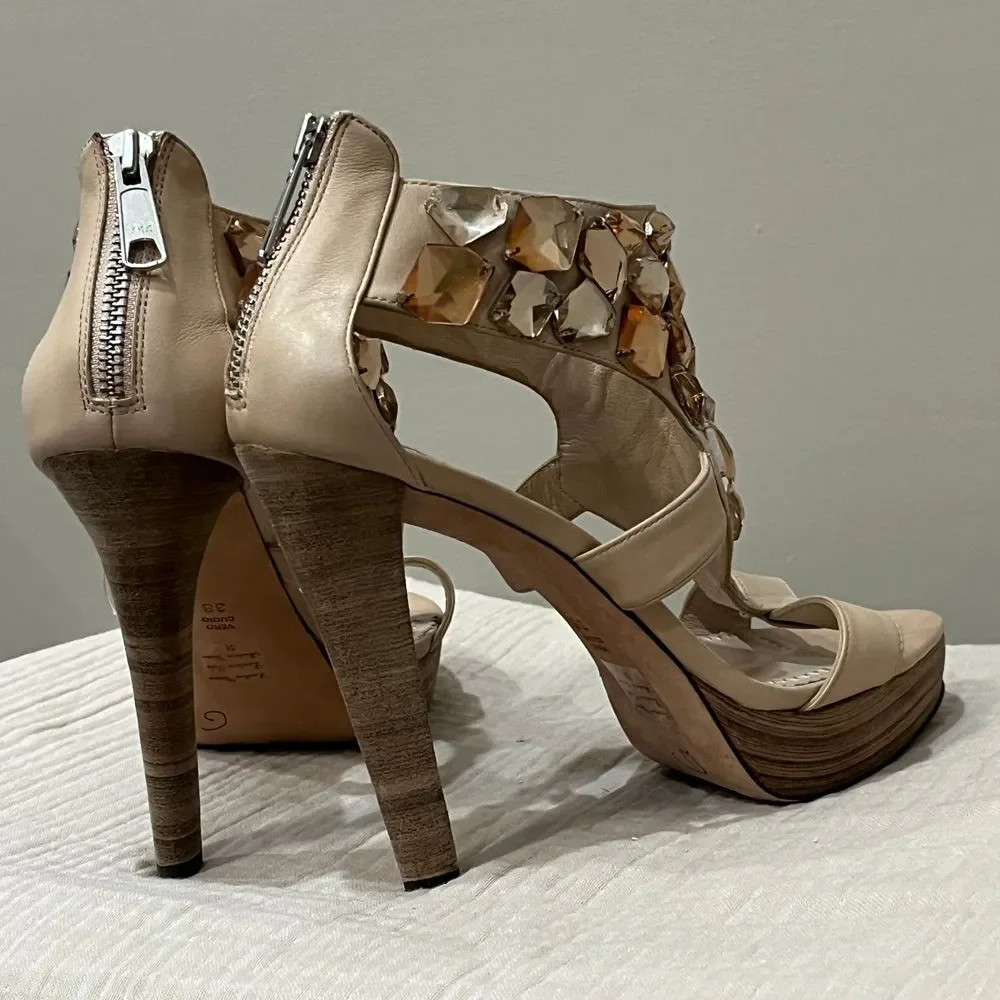 Jean-Michel Cazabat Crystal‎ Embellished Platform Leather High Heels Nude Sz 7.5